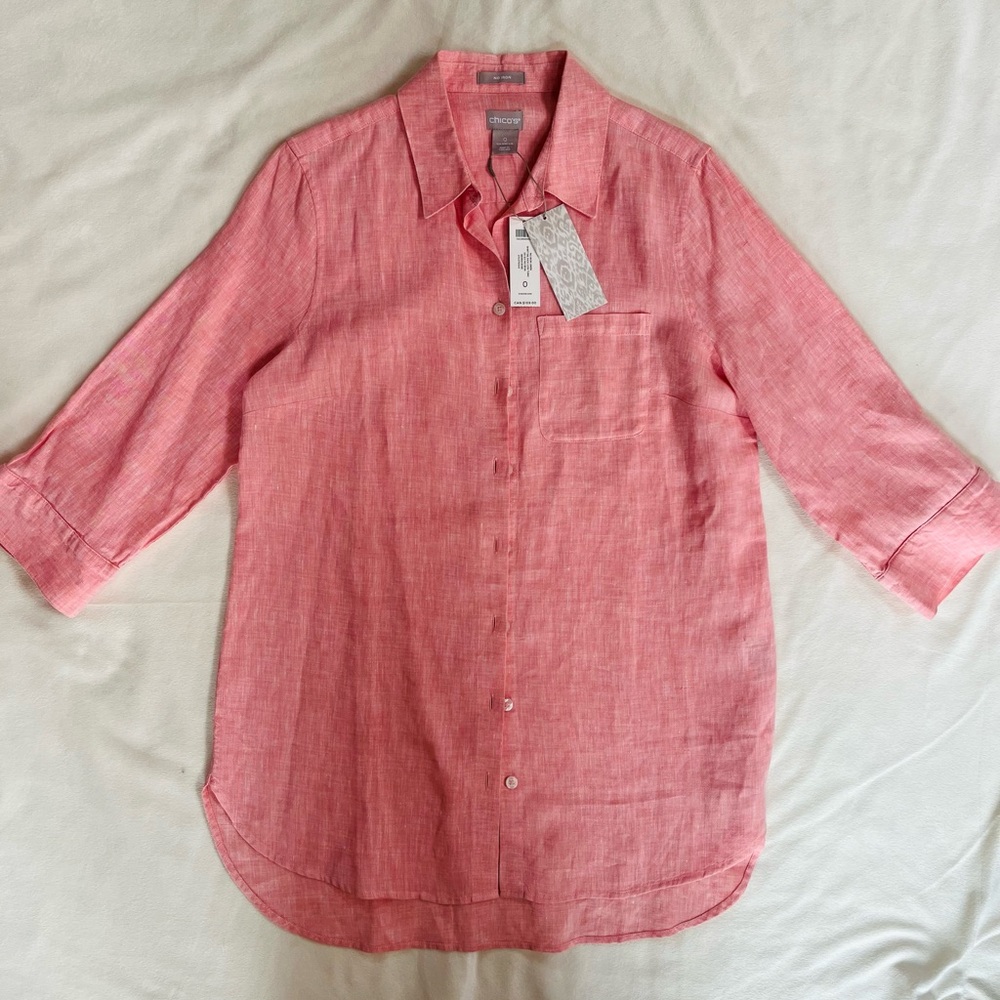 NWT 100% Linen Coral Chico's Collared No Iron Button Up
